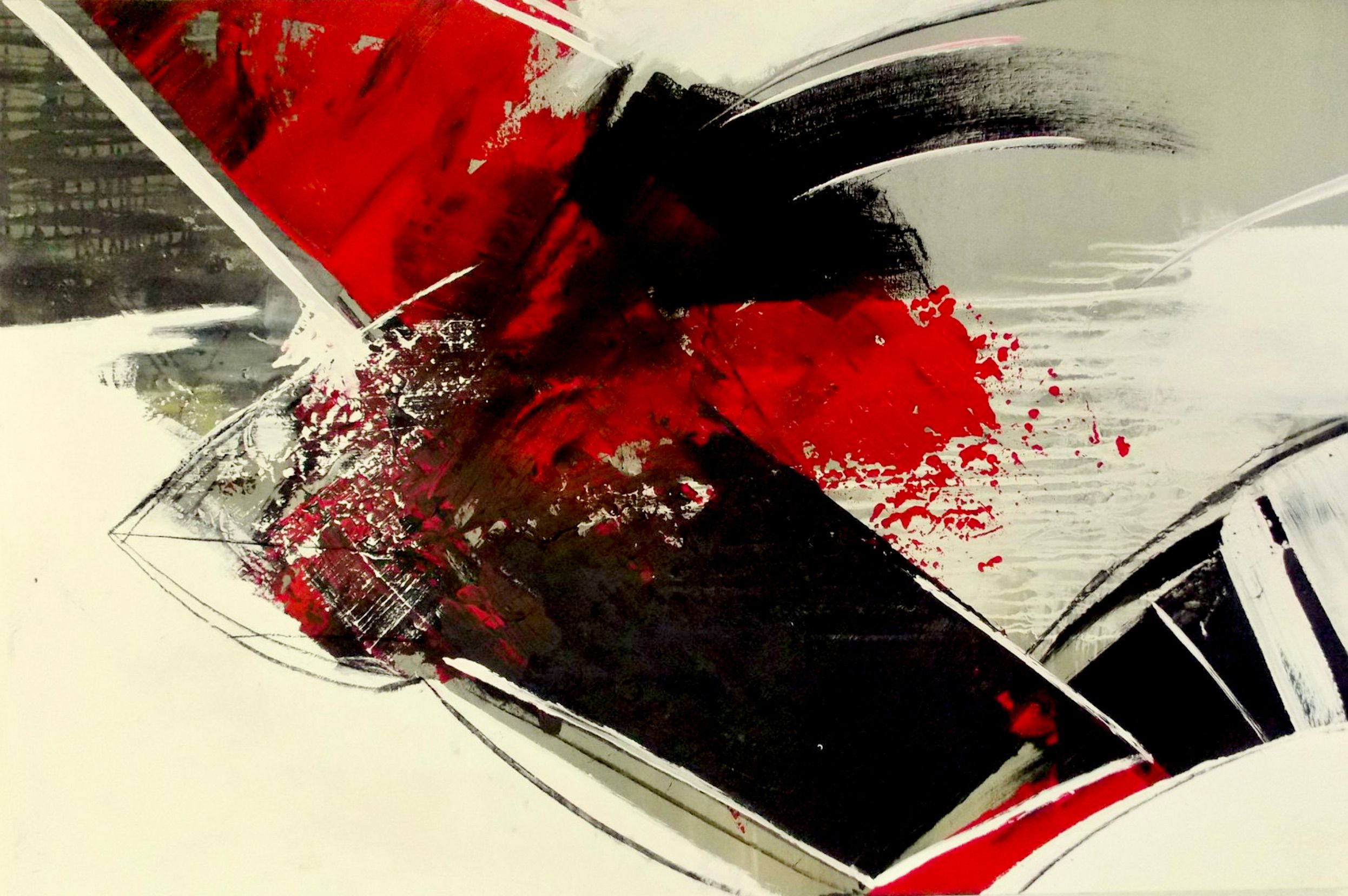 Le "Champ rouge - réduit -" de Christa Haack Cette peinture abstraite a pour couleurs le rouge, le noir et le beige.