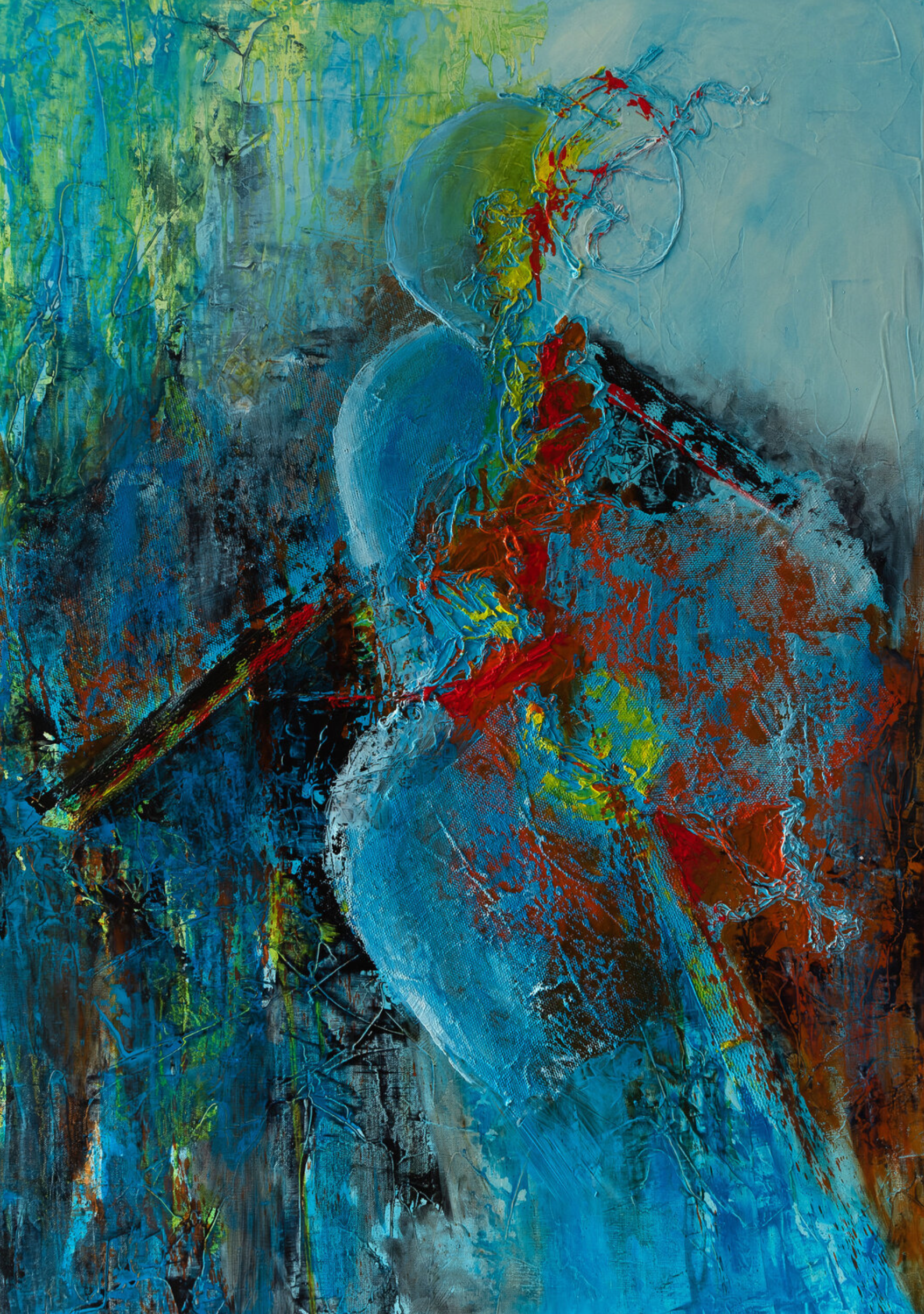 弗朗索瓦丝-杜古德-卡普特的 "萨洛梅 "抽象画显示 在蓝色和橙色运动的中心，一个模糊的女性轮廓，几乎没有轮廓，玩弄形状和材料，给抽象组合带来优雅和感性的触摸