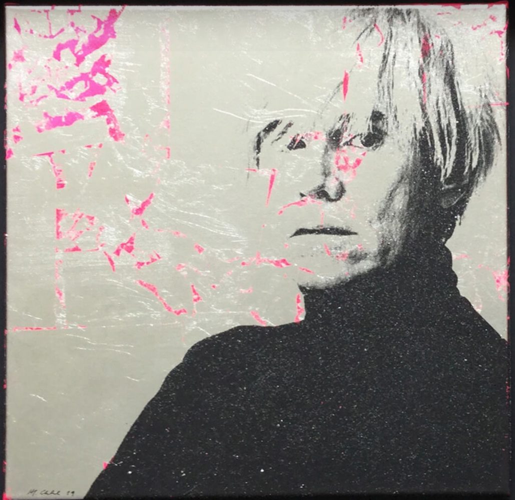 Jürgen Kuhl Malerei Siebdruck schwarz Silber von Andy Warhol mit lila Flecken