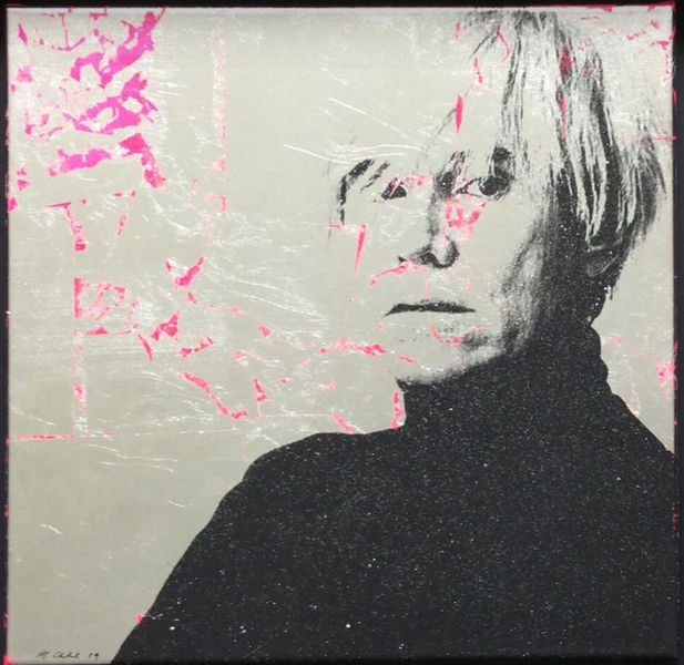 Jürgen Kuhl painting silkscreen black silver by Andy Warhol with purple spots