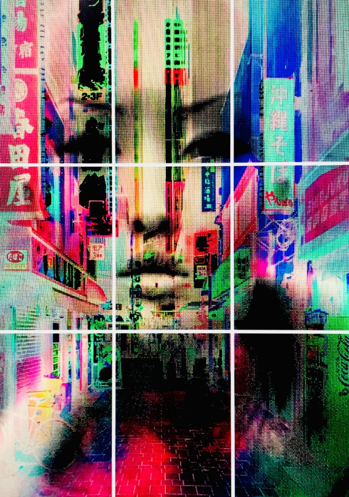 Manfred Vogelsänger abstraktes Portrait asiatische Frau Überlagerung Display neon Schilder Japan kacheln