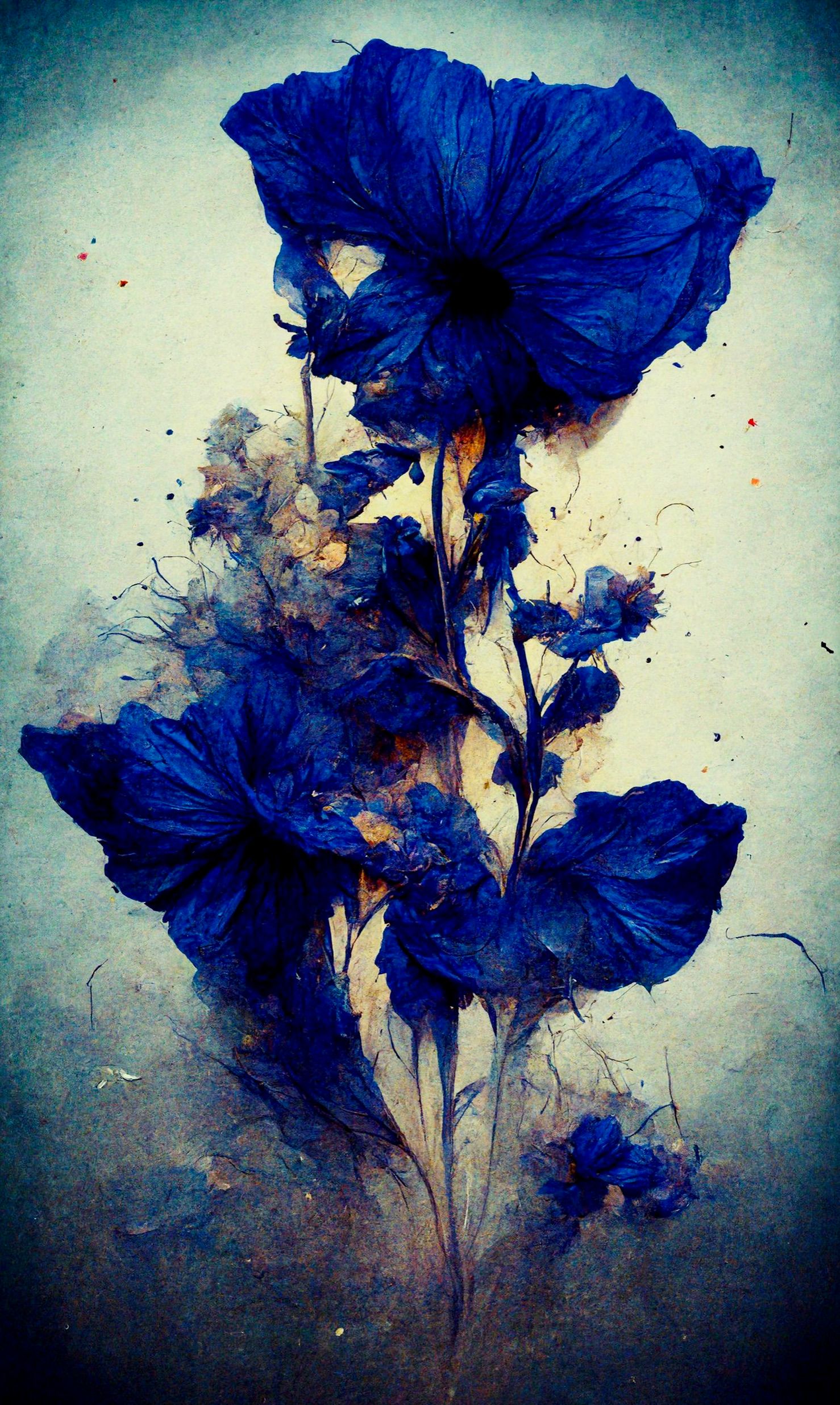 Teis Albers Malerei  dunkel blaue delikate  Blumen auf beigen Hintergrund 
