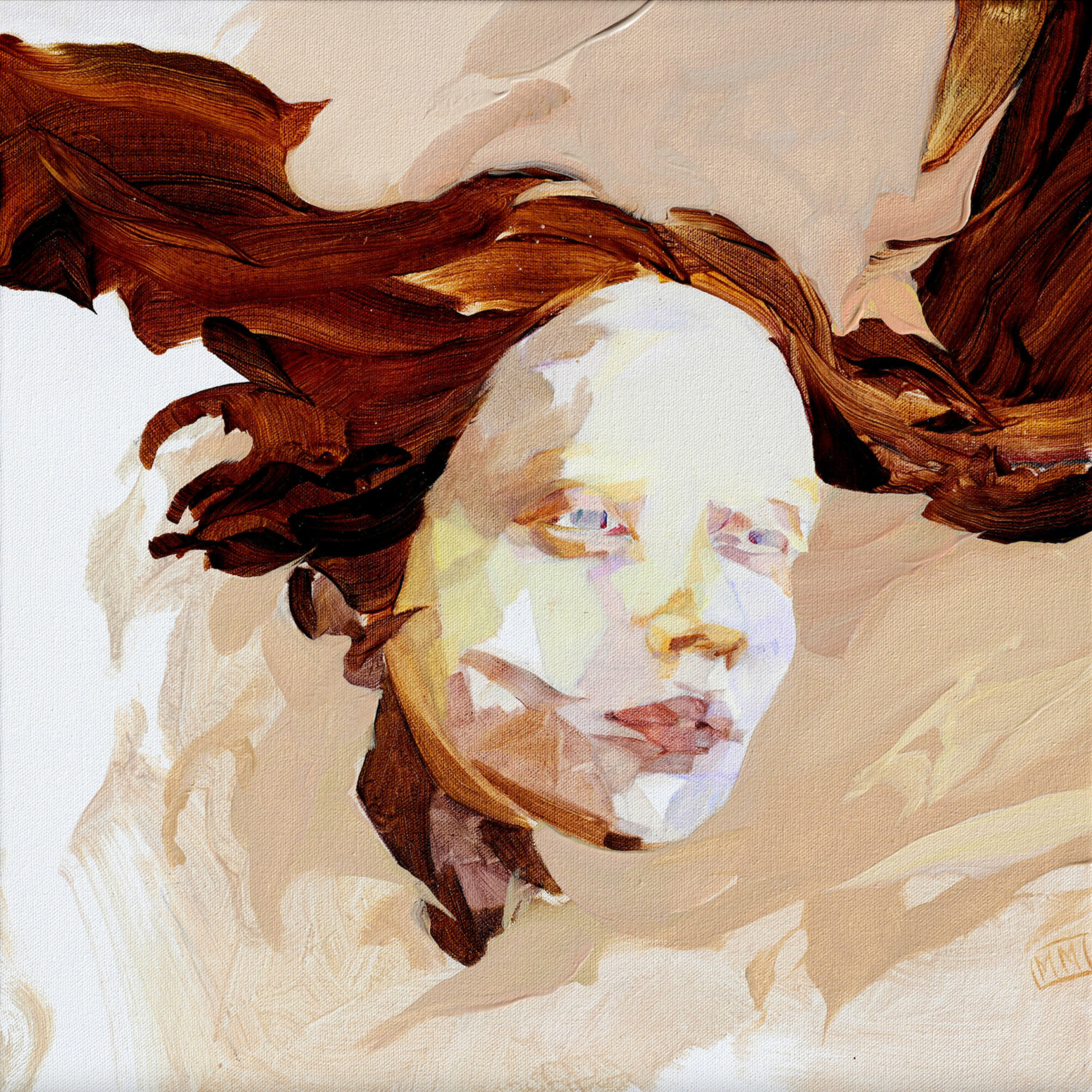 Melinda Matyas ist eine ungarische Malerin mit Sitz in London. Ihr Figurative Frauenporträtbilder "Wind of change" dominieren die Farben Braun und Beige.