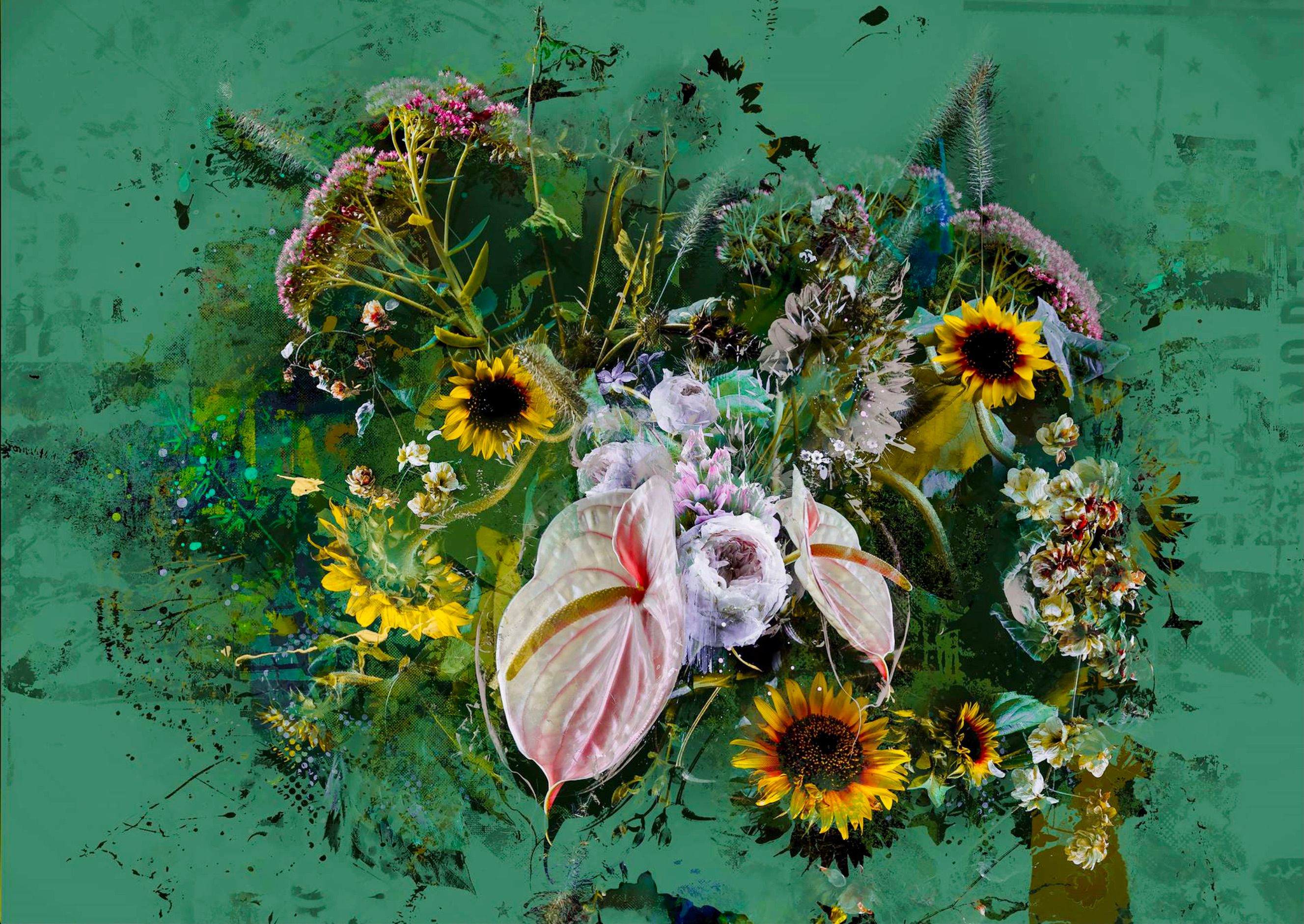 Teis Albers Malerei Blumenstrauß mit Sonnenblumen auf grünem Hintergrund