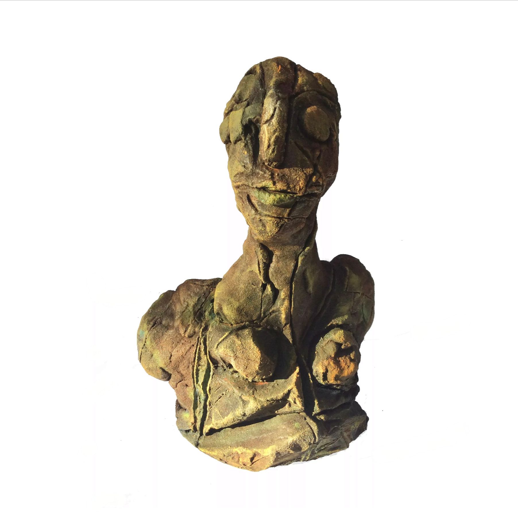 伊洛娜-施密特的 "小半身像 "展示了一个由粘土制成的头部模型，经过建模和烧制，断裂结构质量，青铜色