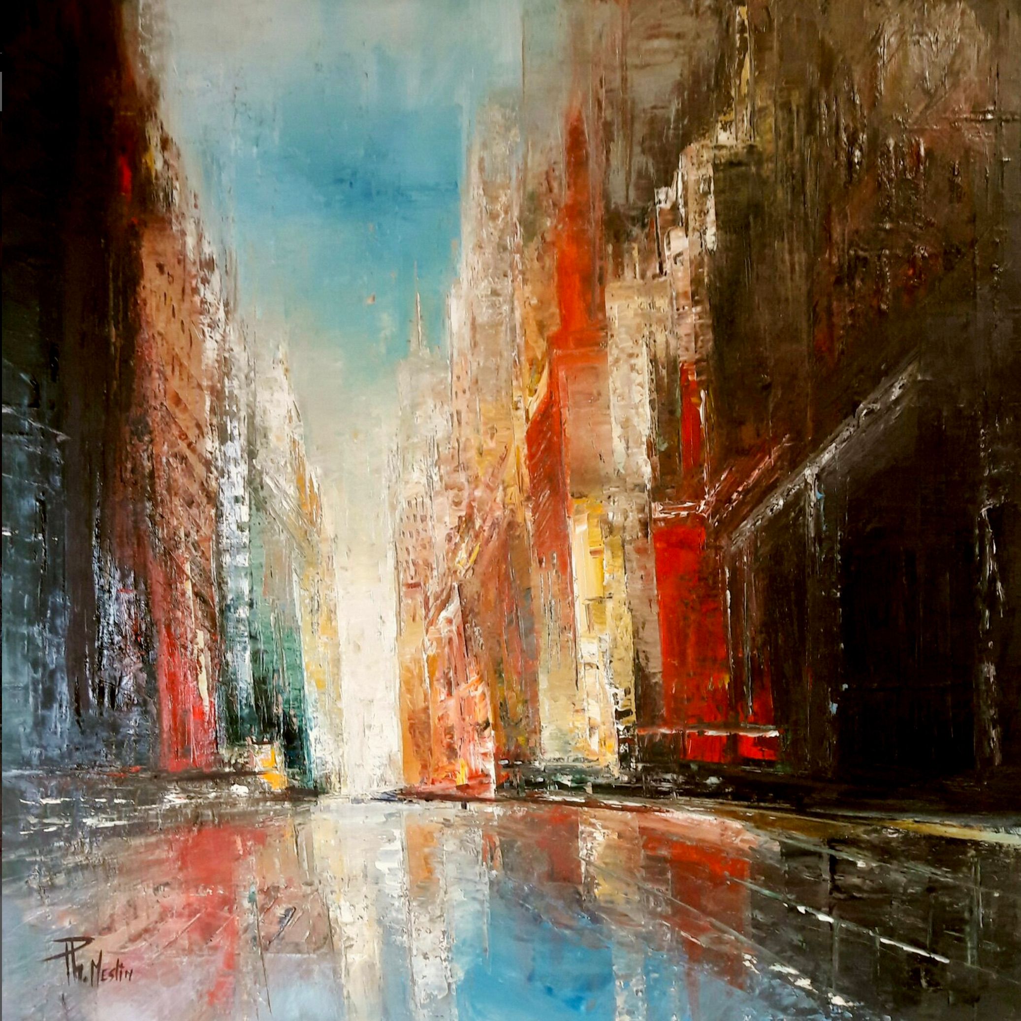 Philippe Meslin "Reflets urbains" painting, is a figurative somewhat abstract coloured oil painting of a city
