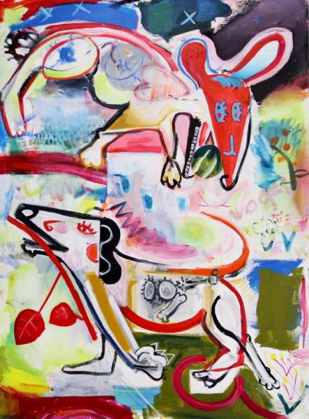 MECESLA Maciej Cieśla, „Two sausage dogs", Abstraktes Farbenfrohes Gemälde auf Leinwand 