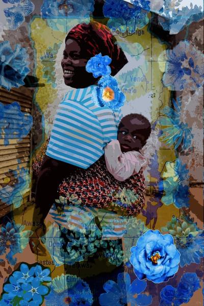 Ute Bruno abstrakte Foto Collage Überlagerung Frauen Portrait afrikanisch blaue streifen und Blumen