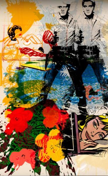 Jürgen Kuhl abstrakte Collage Pigmentdruck Elvis Presley mit Revolver und Popart comic Frau