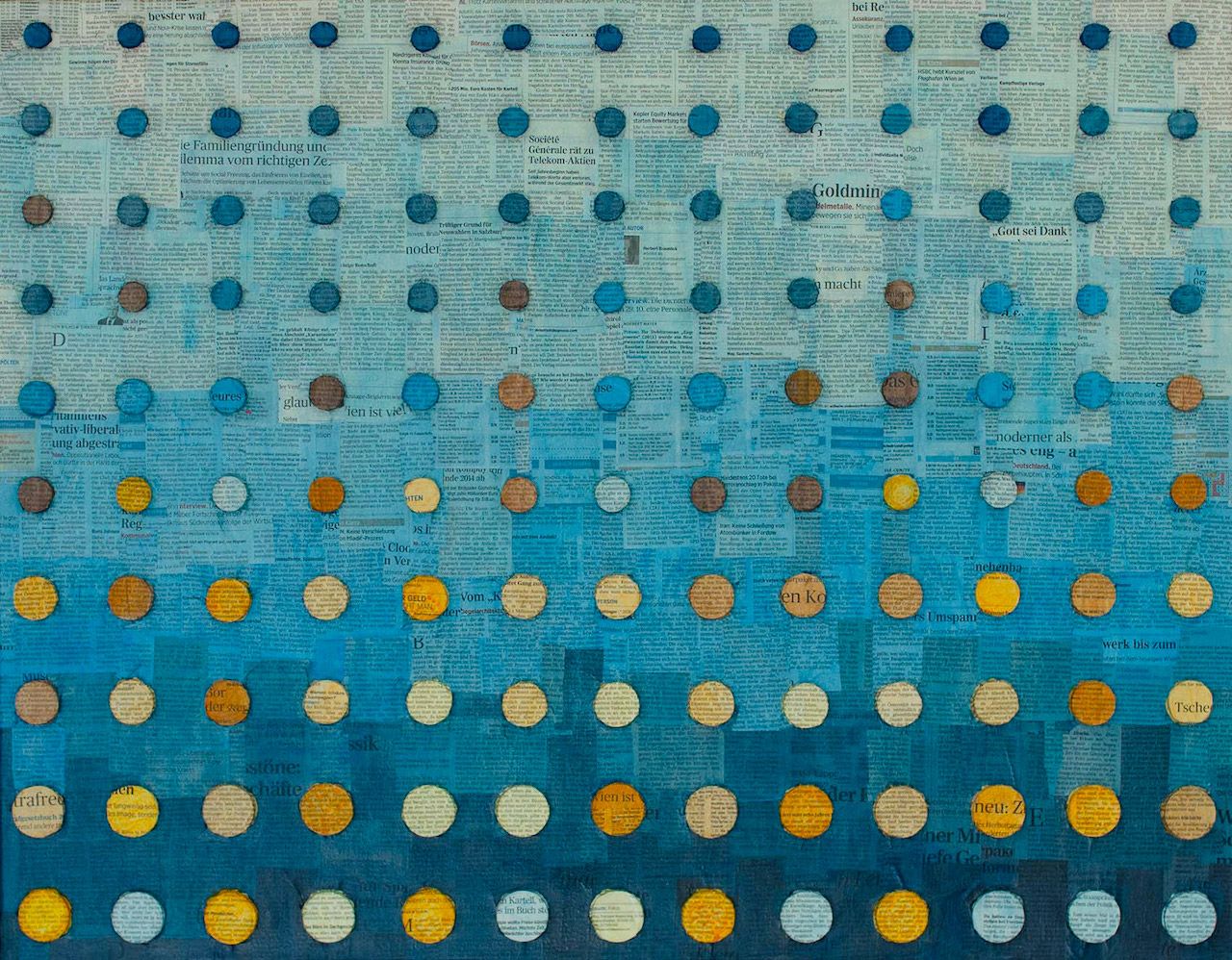 Val Wecerka cuadro abstracto puntos amarillos dispuestos sobre fondo azul