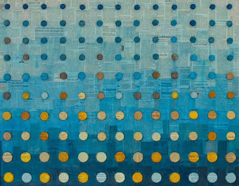 Val Wecerka abstract painting yellow arranged dots on blue background