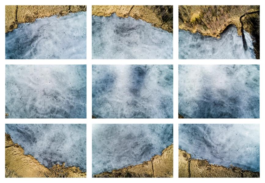 Stefan Kuhn's "Lakeshore Operations / Winter Serie #02" Drohnen Fotografie zeigt ein Seeufer mit 9 Motiven in einem Bild.