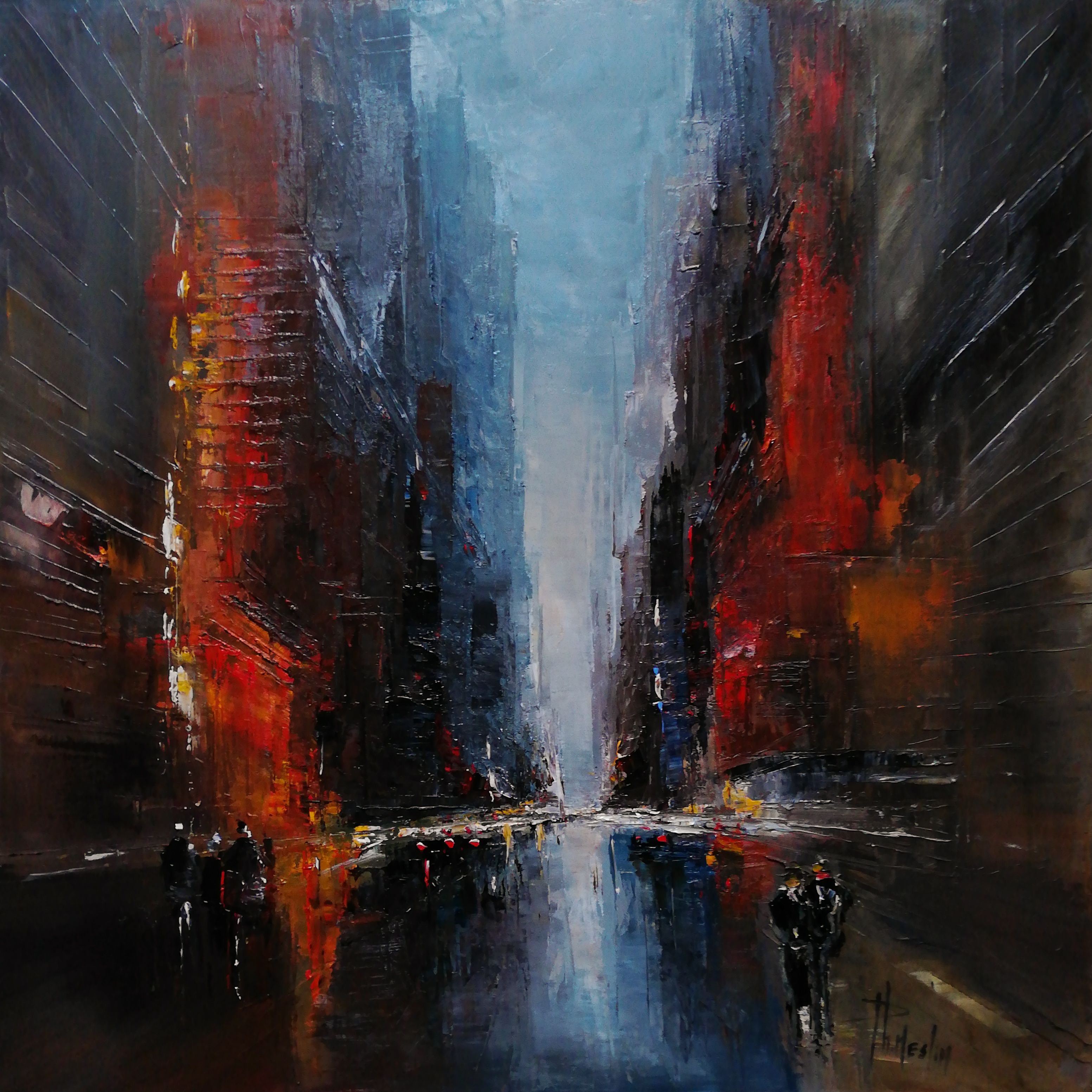 菲利普-梅斯林的 "曼哈顿交通Huile sur lin "油画，是一幅曼哈顿街景的具象彩色油画。