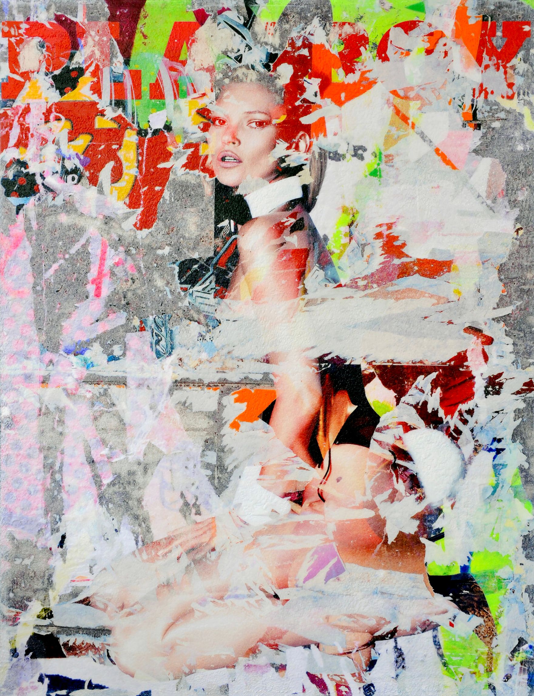 Kate Moss playboy" de Karin Vermeer es una combinación y procesamiento digital de fotografías, pinturas y collage en nuevas y originales obras de arte callejero en color.