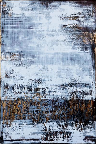  In Inez Froehlich's "ALASKA" abstract gilded painting with metallic and textured elements.  Pastel colours in combination with rusty / copper effects.  The style of the painting is shabby chic, industrial style, vintage, retro, boho, rustic.
