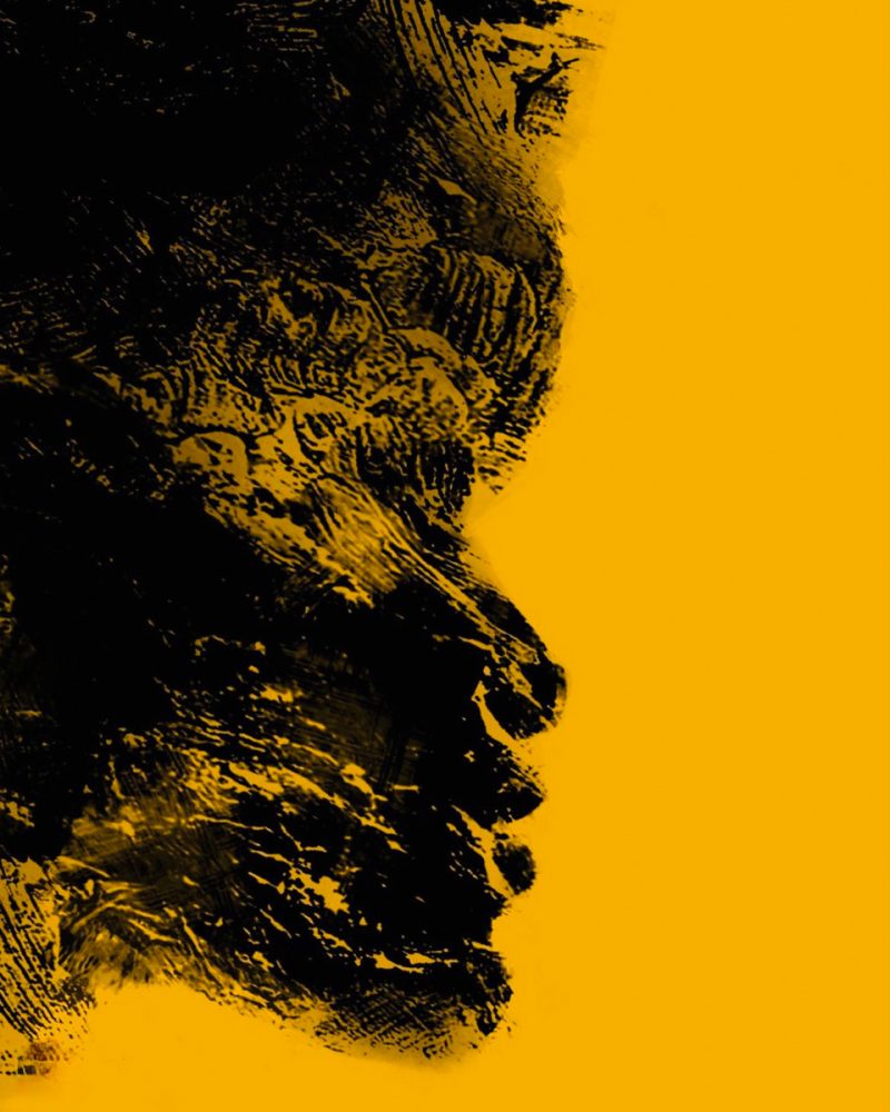 Zoko digitale Zeichnung abstraktes Gesicht im Profil auf gelben Hintergrund
