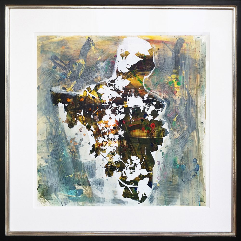 Dieter Nusbaum abstrakte Malerei Siebdruck Mann mit Balaklava und Waffe und Blumen