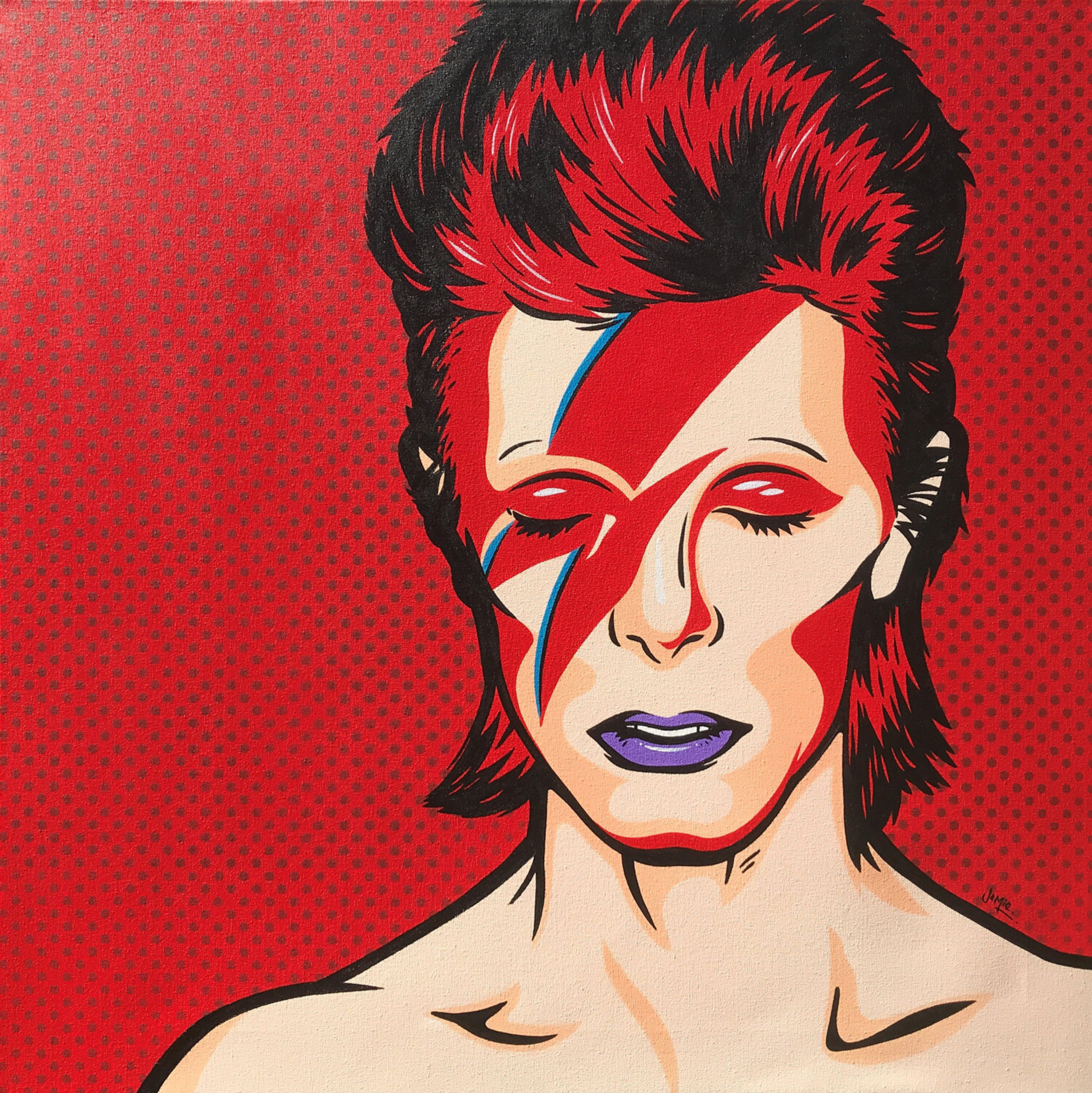 Jamie Lee's "Ziggy" comic book style pop art painting with original design, David Bowie as Aladdin Sane on red background. Hand-painted pop art version of the legendary album cover.