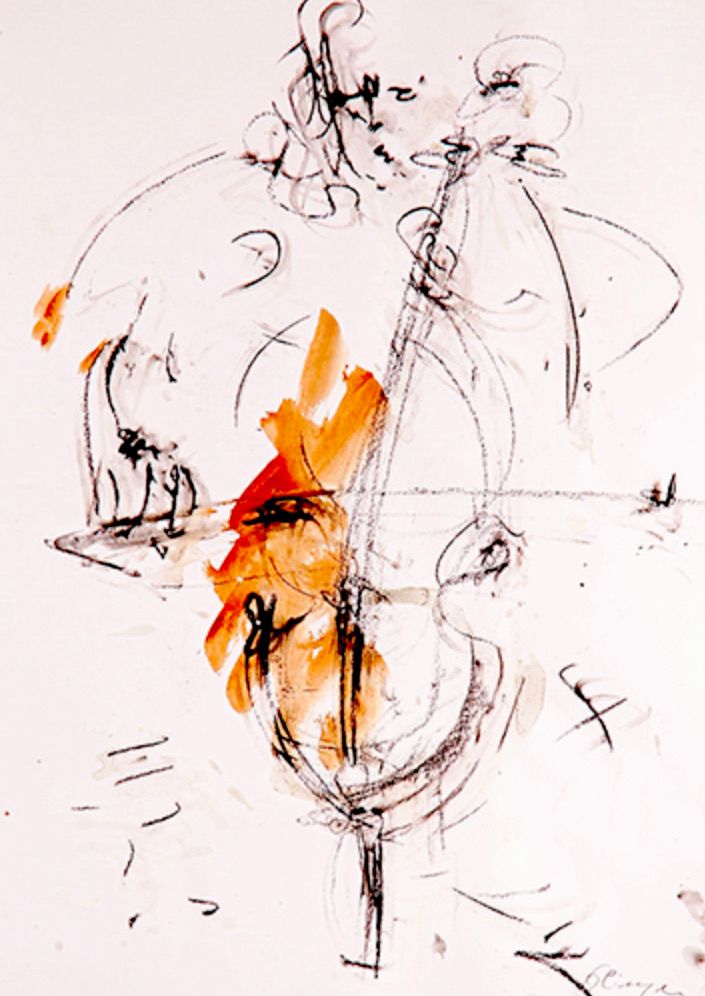 Marie-Paule Olinger pintura abstracta de manchas persona tocando el violonchelo