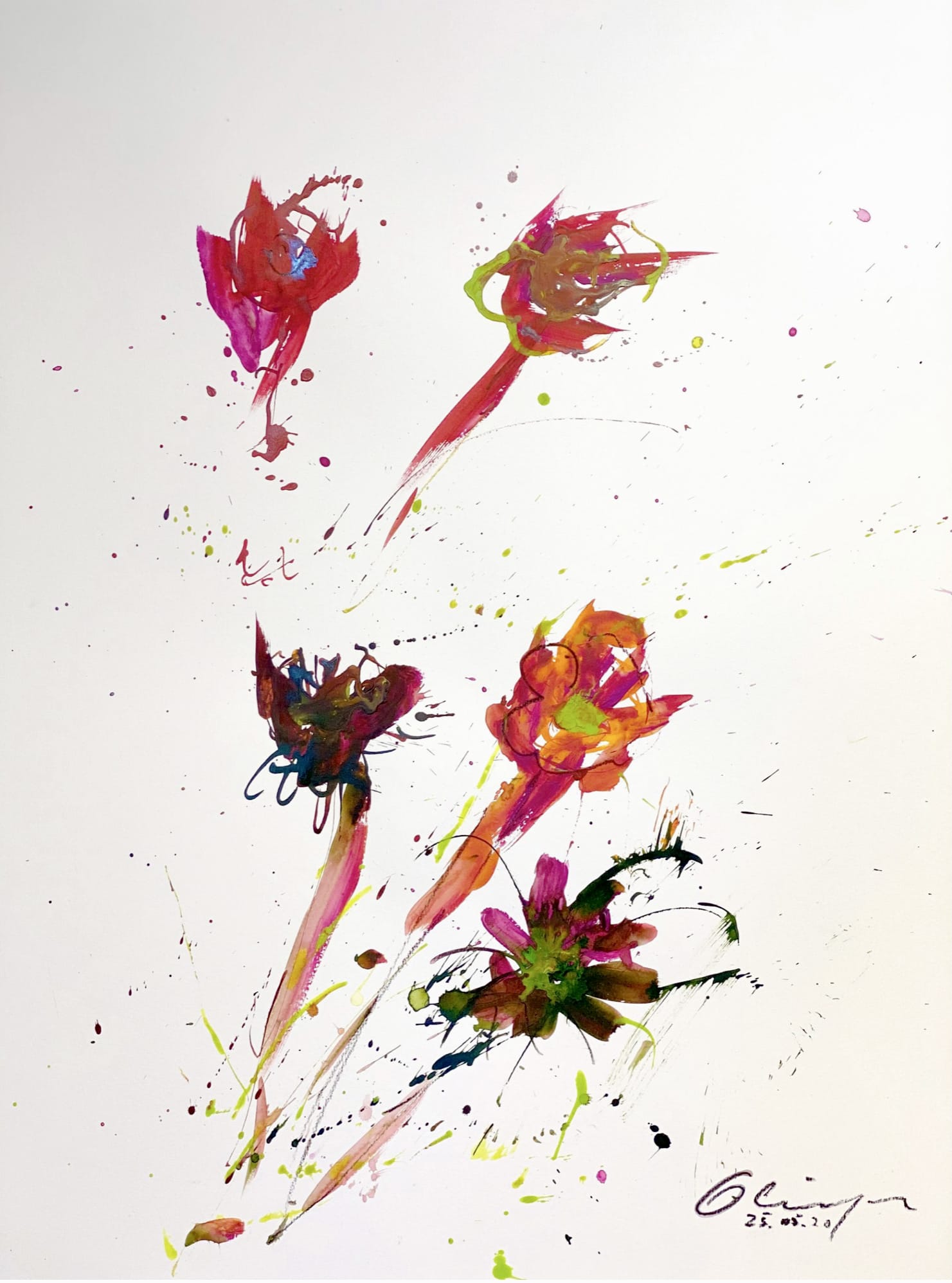 Marie-Paule Olinger abstrakte Klecks Malerei rosa dunkelrot Blume