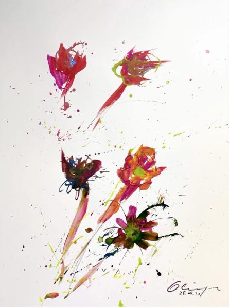 Marie-Paule Olinger peinture abstraite en taches rose rouge foncé fleur