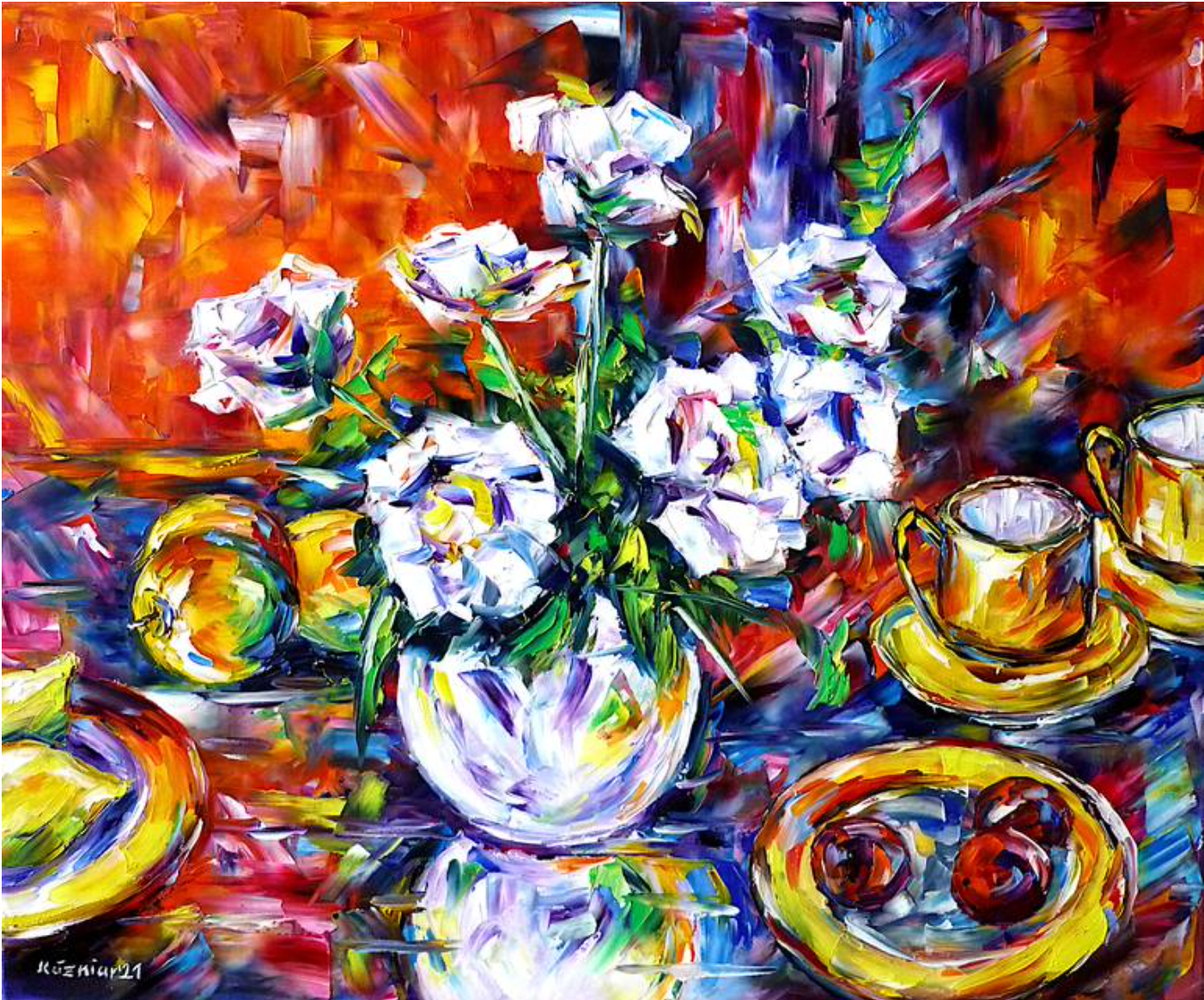 Mirek Kuzniar peinture expressionniste fleurs blanches dans un vase et tasses de thé jaunes sur une table