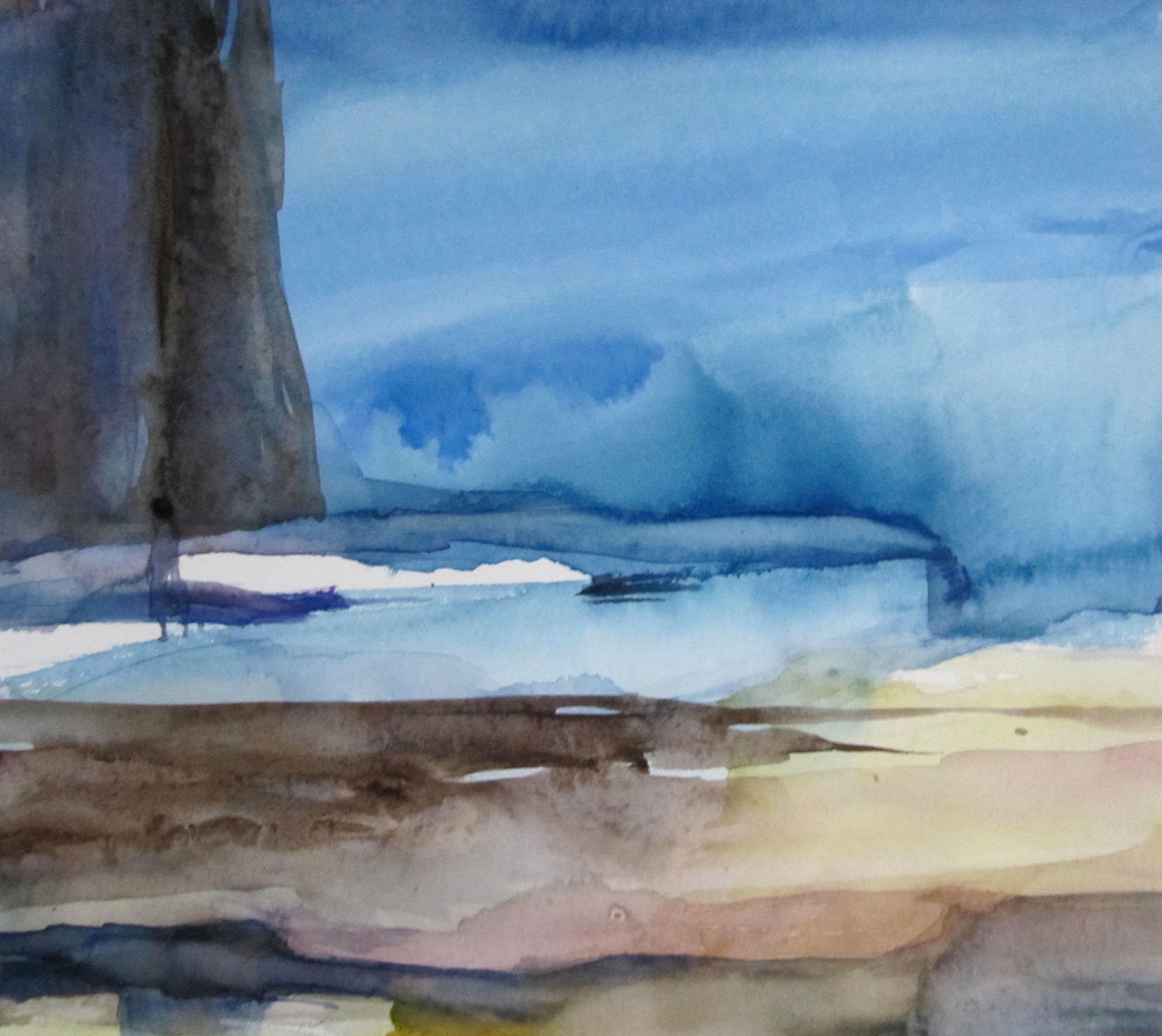 Sylvia Baldeva's "Utopie" zeigt ein Aquarell gemaltes Landschaftsgemälde, Landschaft, Utopie, Unwirklichkeit, Traum, Symbolik, Abstraktion,  Aquarell auf Canson®-Papier. Farbe Blau, Sand, Braun.