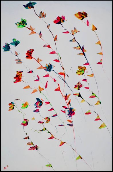 Caroline te Neues "Blick nach innen" figurative abstrakte Malerei zeigt farbenfrohe Blumen auf Stoff LED hinterleuchtet.