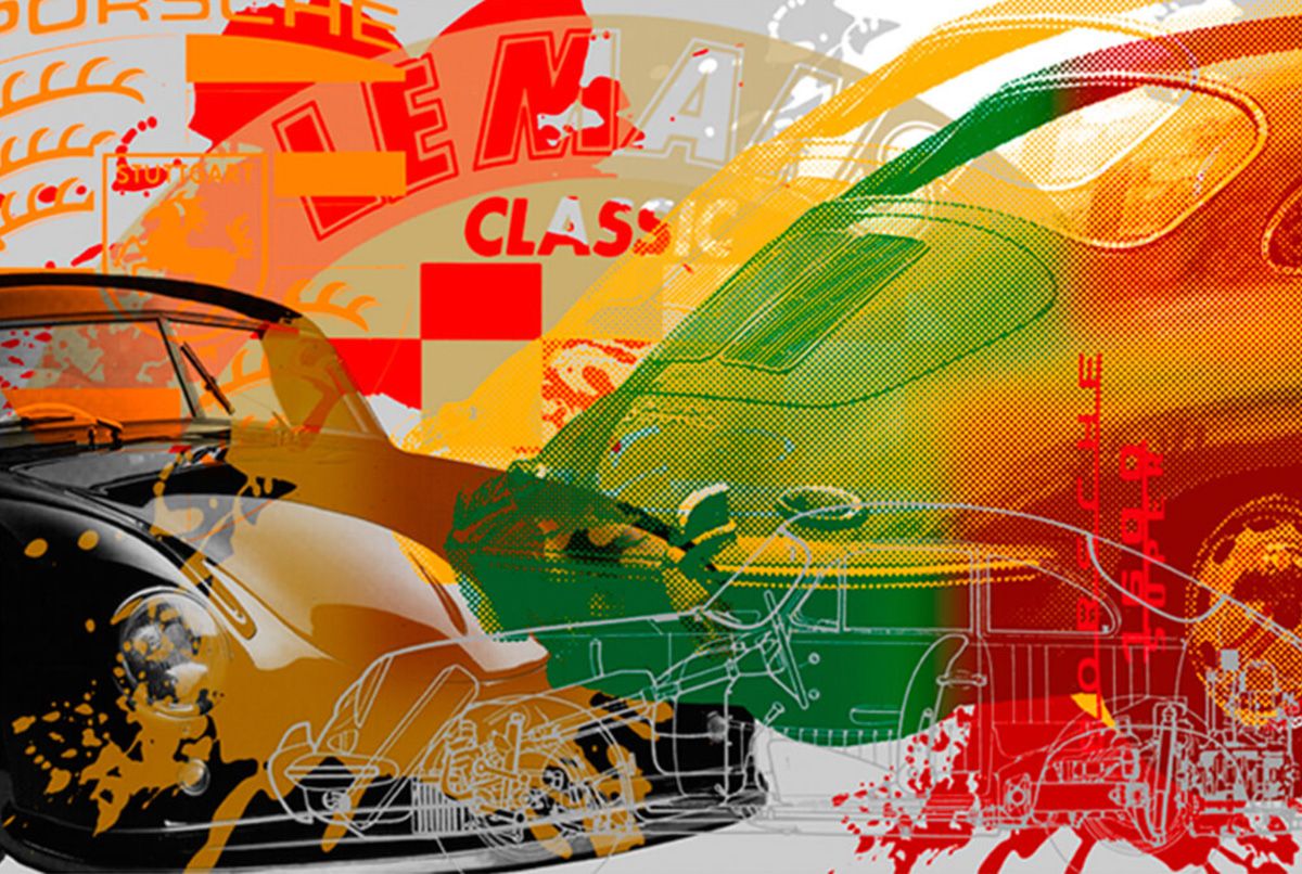 Jürgen Kuhl abstrakte bunte Collage Pigmentdruck Oldtimer Porsche 