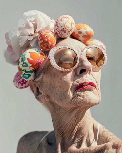Bonny Carreras KI-generiertes Porträt „Eastereggs 01“ zeigt eine alte Lady mit einem Ostereier - Hut  