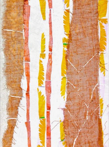 Ronny Cameron abstrakte Malerei vertikale Jute Streifen und Holz Abdruck in gelb orange auf weiß