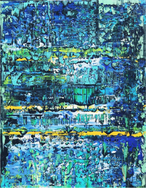 Svitlana Andriichenko ist eine Ukraine/Deutsche Malerei-Künstlerin. "The bustle of the big city. А23" ist ein abstraktes Bild. Blau und Grün sind die dominierenden Farben.