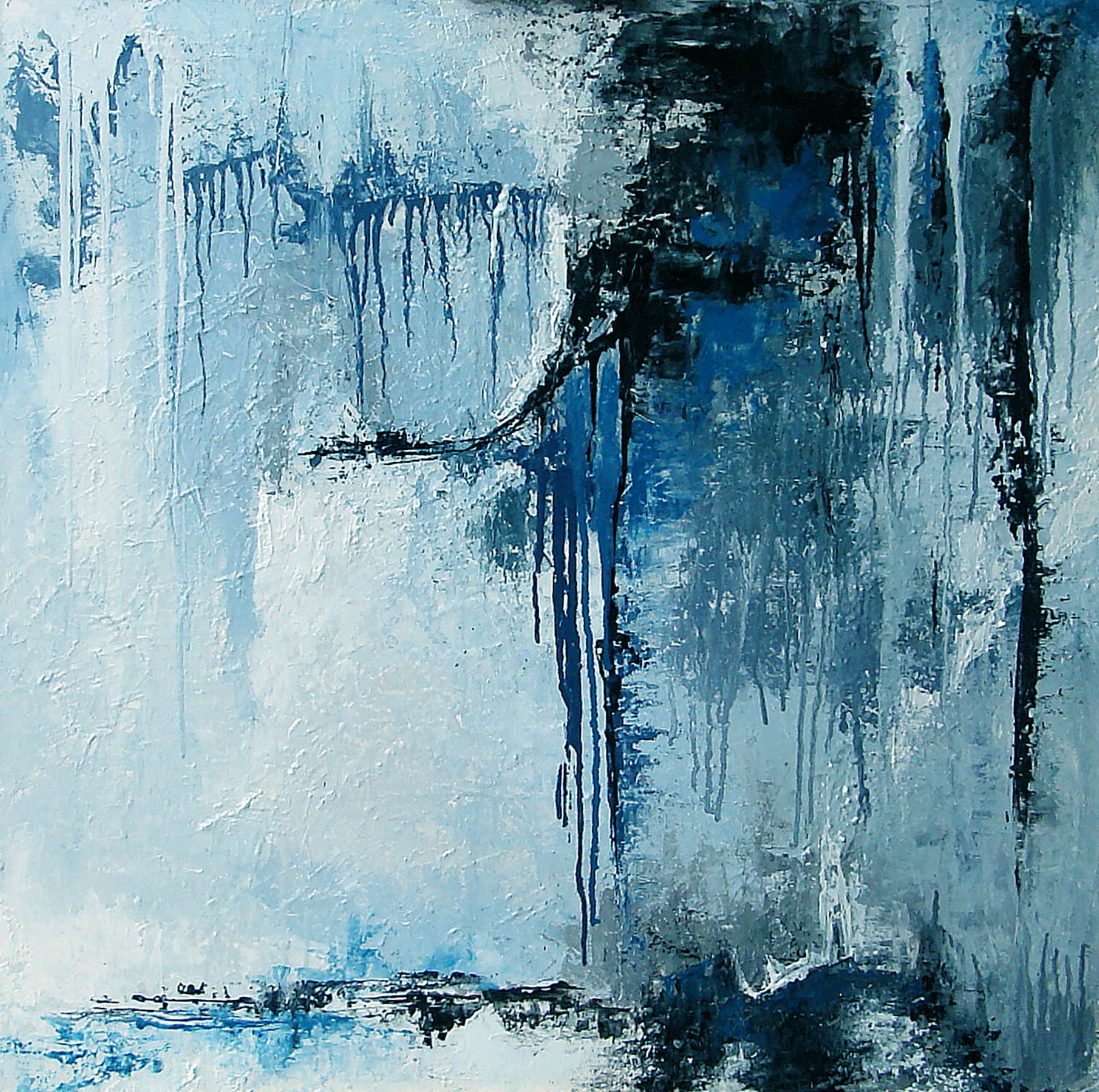 Françoise Dugourd-Caput的 "Acier "抽象画展示了熔化的金属滴在浮雕上的印象，让人联想到墙壁或由午夜蓝色接壤的灰色和蓝色物质的突兀悬崖。凉爽的气氛