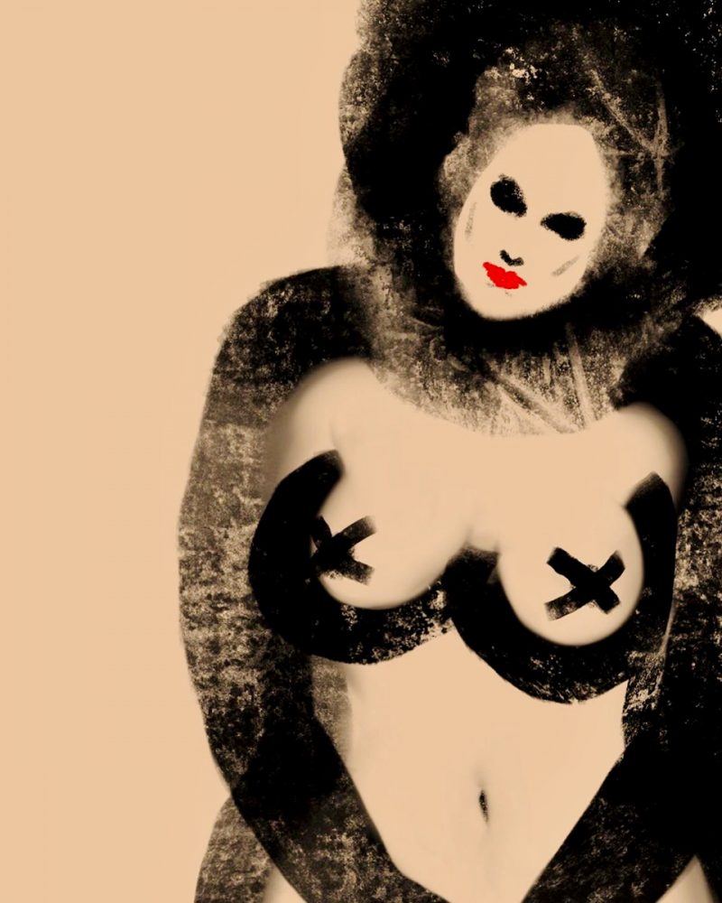 Zoko disegno digitale astratto ritratto donna nuda con rossetto rosso e seni censurati
