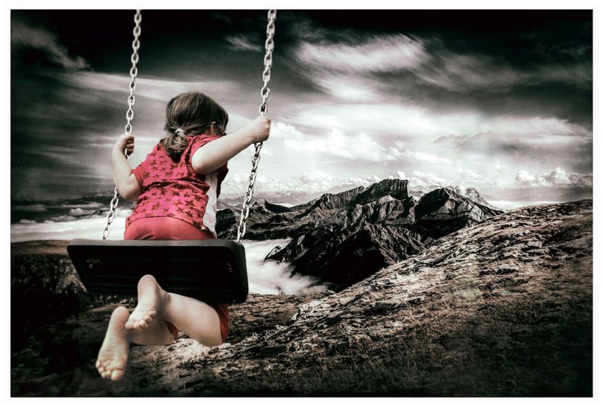 Martina Chardin Photography Collage Girl with Red Clothes on Swing in Front of Mountain Landscape
