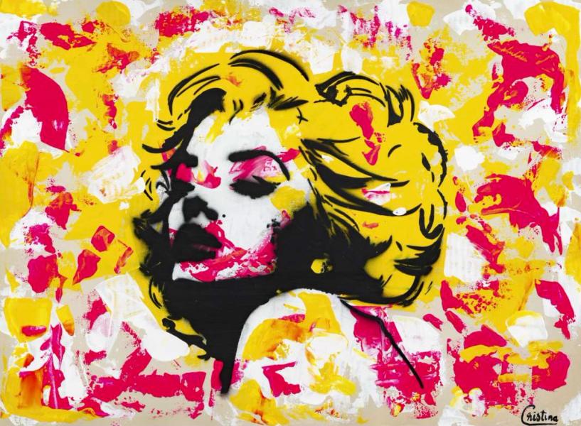 Cristina Golovat's abstraktes Porträtgemälde von Marilyn Monroe überwiegt in den Farben Gelb und Rot. 