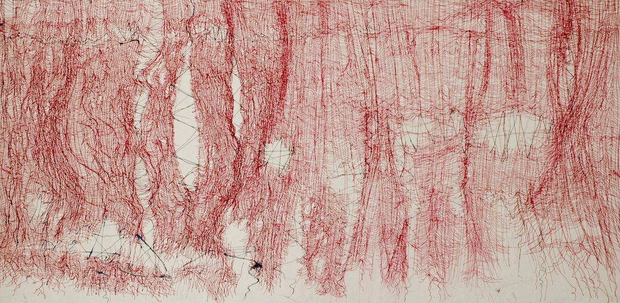 Maria Pia Pascoli abstrakte Malerei rote Mullbinden aneinander genäht