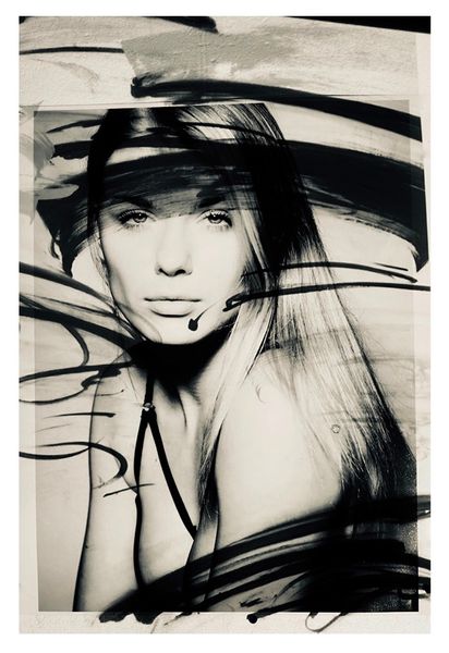 Manfred Vogelsänger abstract photography portrait blonde woman in lingerie overlay black lines