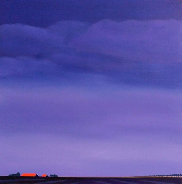 Nelly van Nieuwenhuijzen's "Purple evening" Bild zeigt eine Landschaft in Zeeland. Das letzte Sonnenlicht färbt den Horizont goldfarben/Purpur und die Dächer feuerrot.