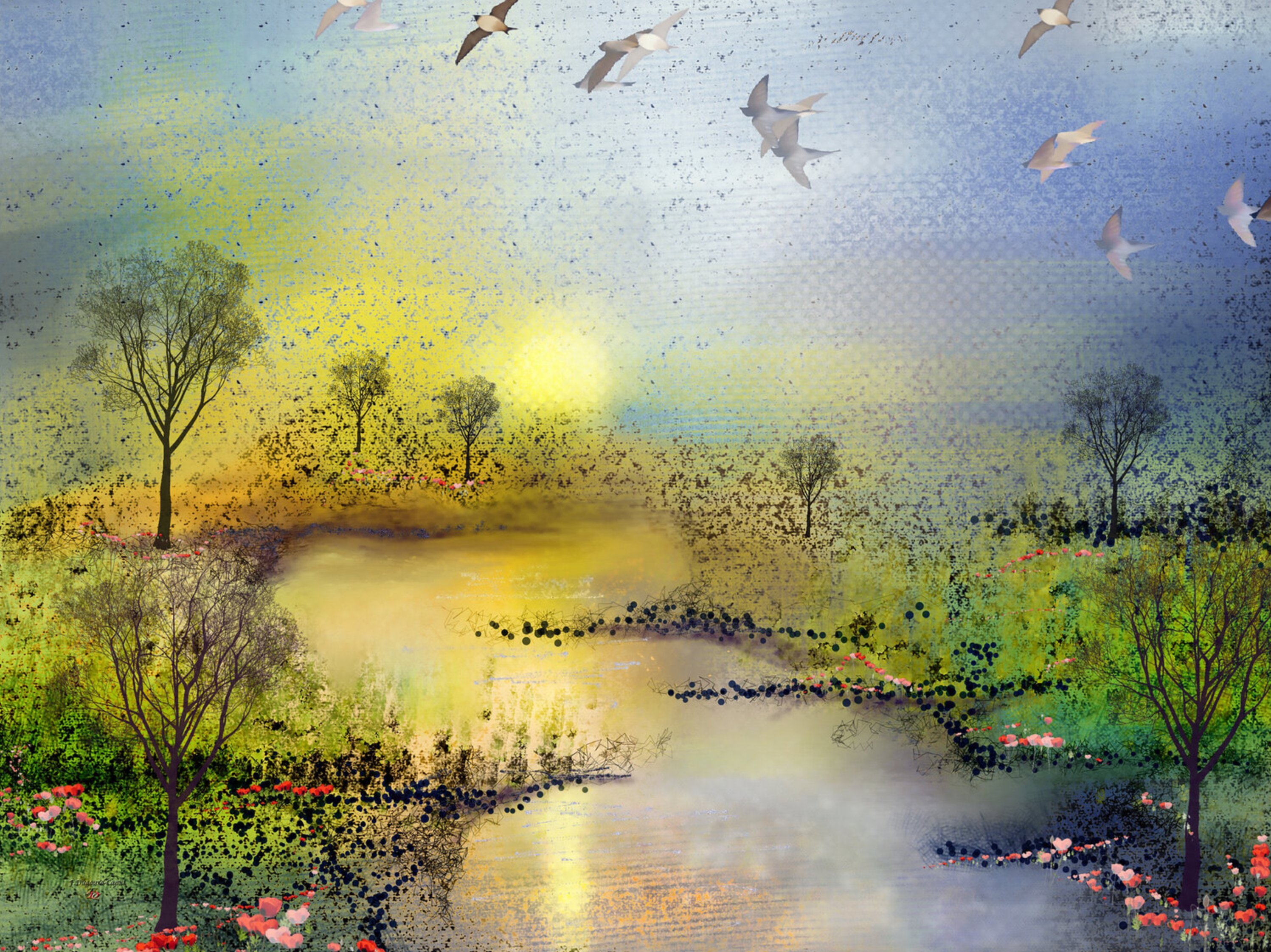 Françoise Dugourd-Caput's "Les coquelicots" abstraktes Gemälde zeigt imaginäre Frühlingslandschaft voller Süße, die einen Fluss zeigt, der sich bei Sonnenuntergang zwischen zwei grünen Wiesen schlängelt, die von Mohnblumen gesäumt sind