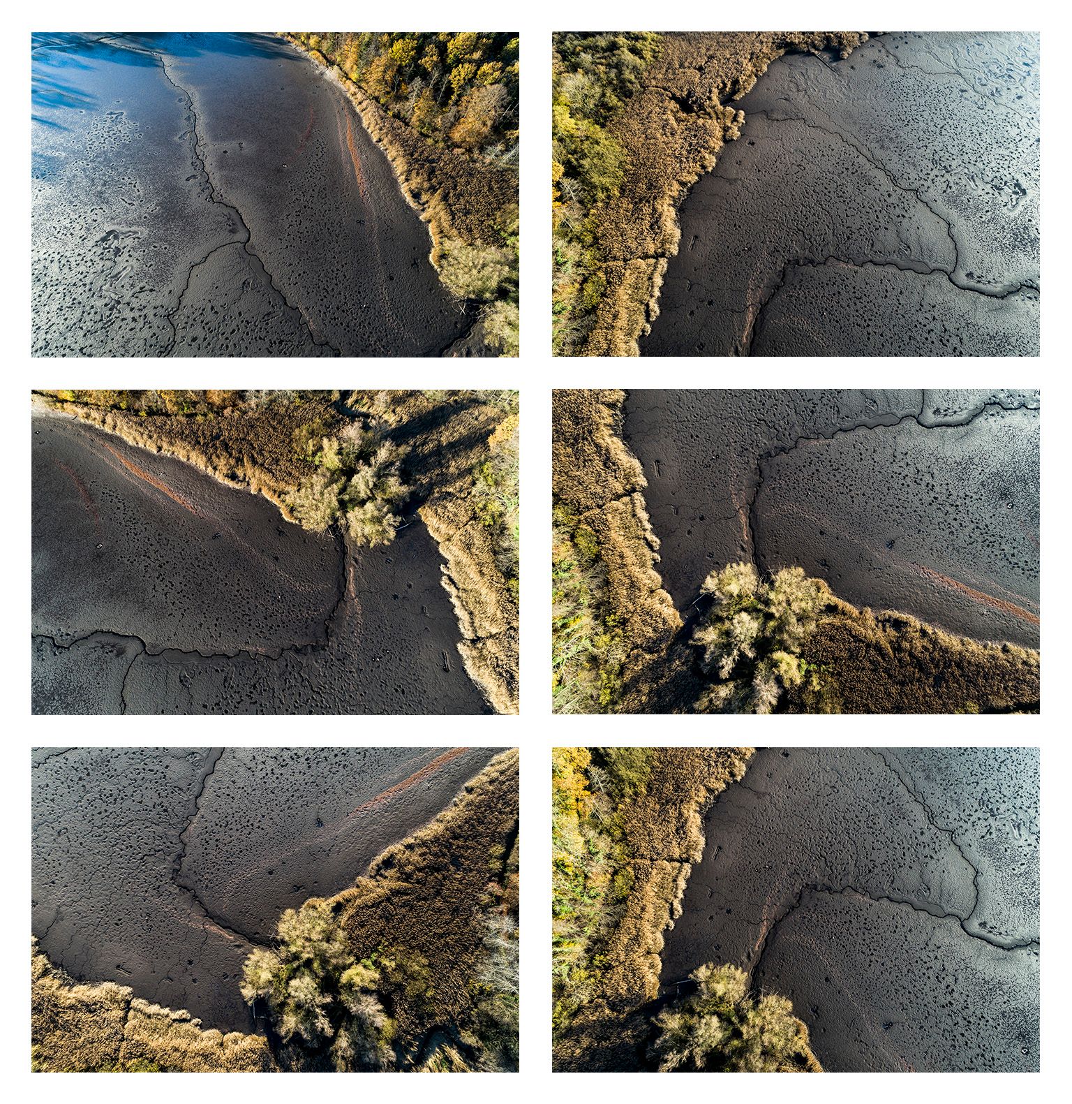 Stefan Kuhn's "Lakeshore Operations / Ground Level Serie #08" Drohnen Fotografie zeigt ein Seeufer mit 6 Motiven in einem Bild.