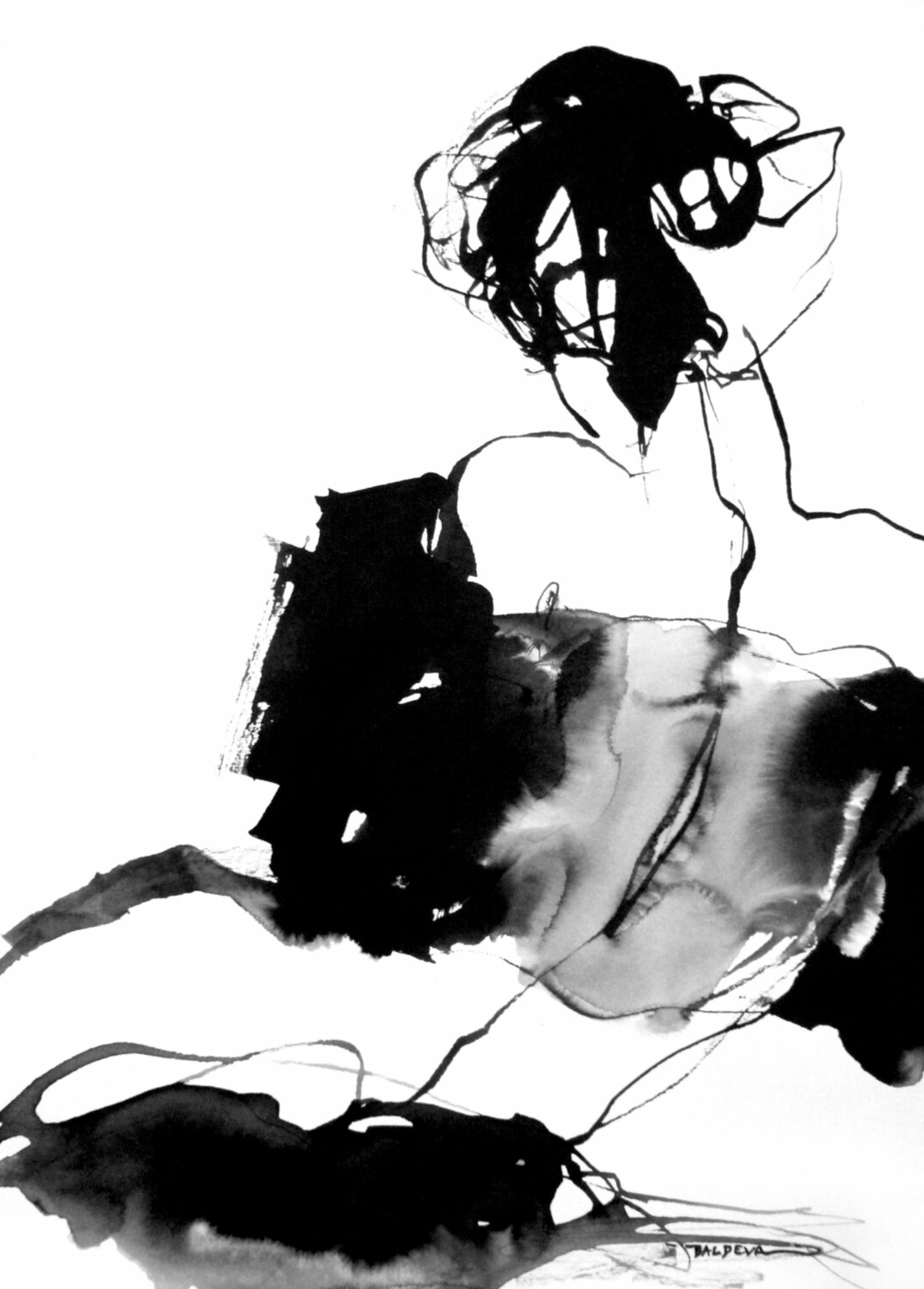 Sylvia Baldeva "Languie" muestra una, pintura semi-abstracta acuarela pintada.  Mujer, sentada, espalda, cuerpo, escena de la vida tinta sobre papel. Blanco y negro.