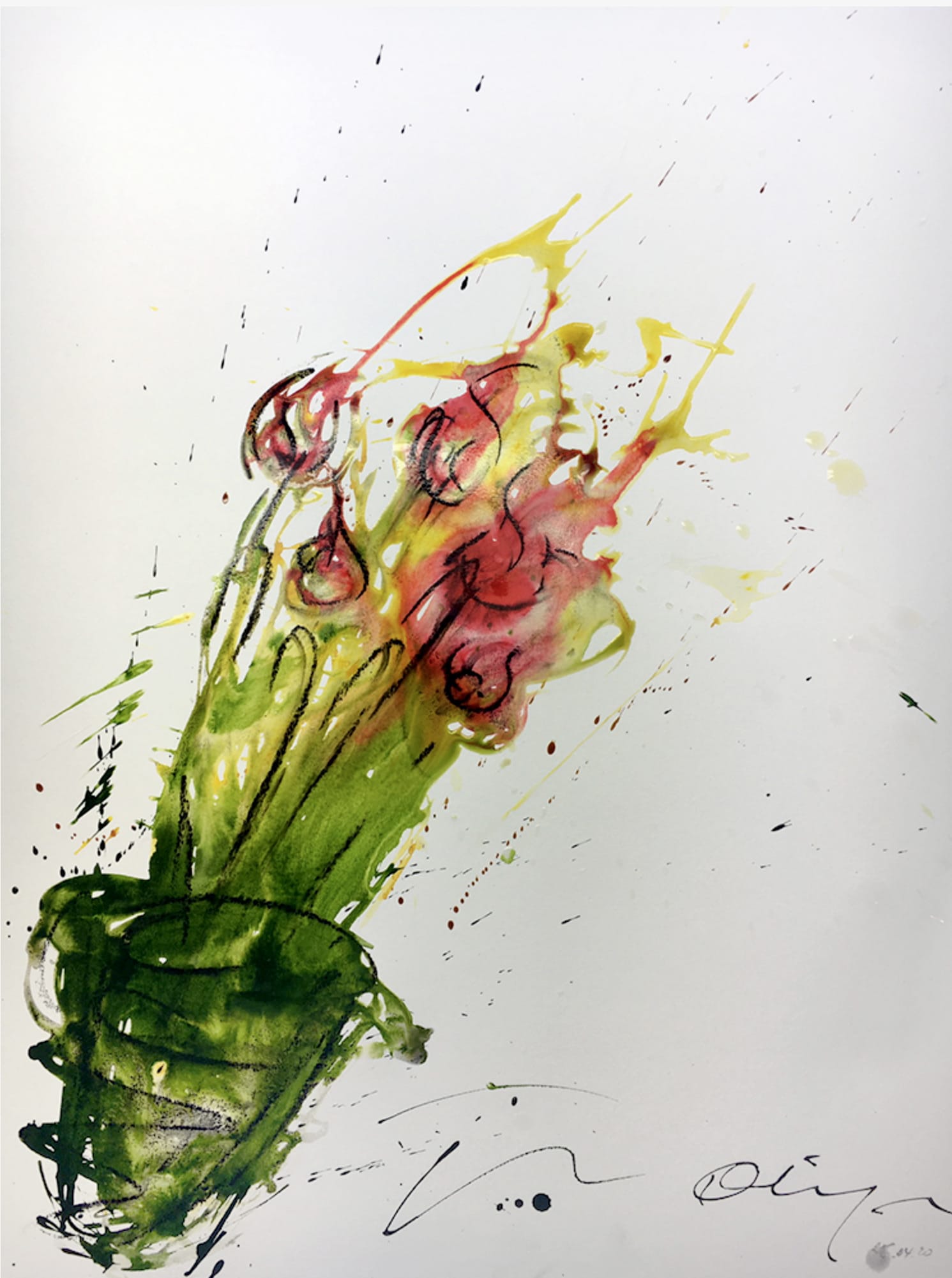 Marie-Paule Olinger peinture abstraite à la tache fleurs bouquet rouge