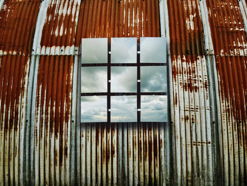 Michael Haegele Photography Nine Square Mirrors with Clouds Reflection on Rusty Metal Background
