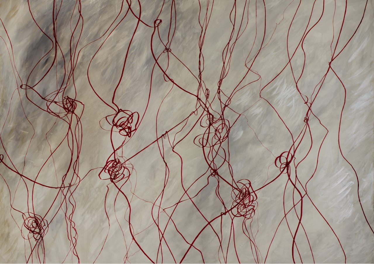 Maria Pia Pascoli abstrakte Malerei rote Linien und Kringel Faden