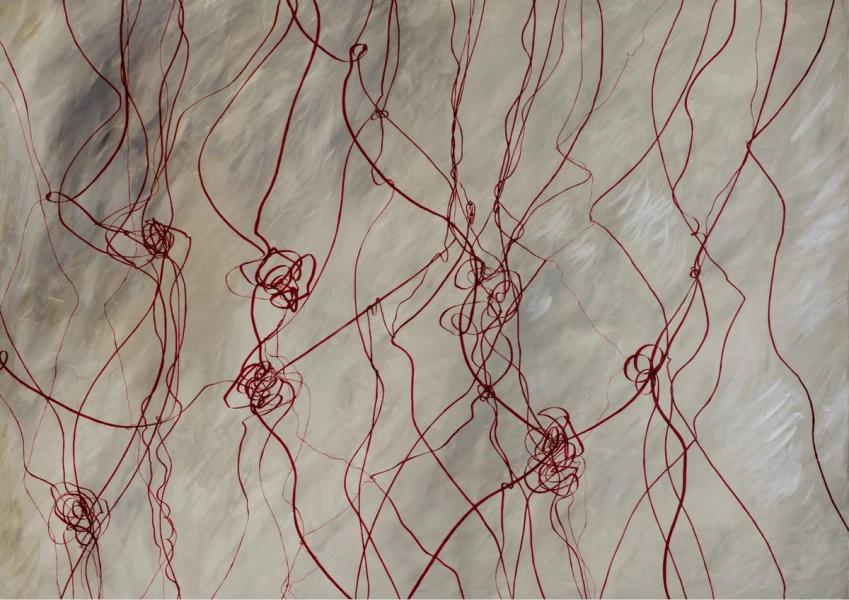 Maria Pia Pascoli abstract painting red lines and squiggles thread