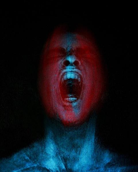 Zoko digitale Zeichnung abstraktes Portrait schreiender Mann in blau mit roter Farbe im Gesicht