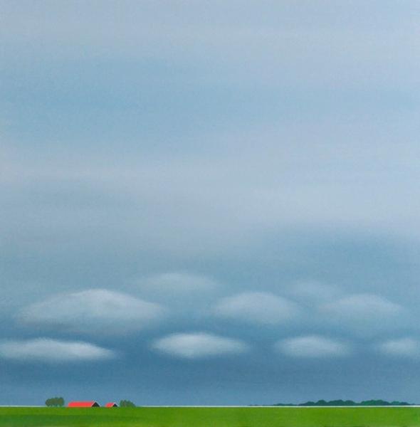 Nelly van Nieuwenhuijzen's "Dutch polder landscape" Bild zeigt eine Landschaft in Zeeland. Ein riesiger dunstiger bewölkter Himmel, rote Dächer, ein grüner Deich und einige Bäume. 