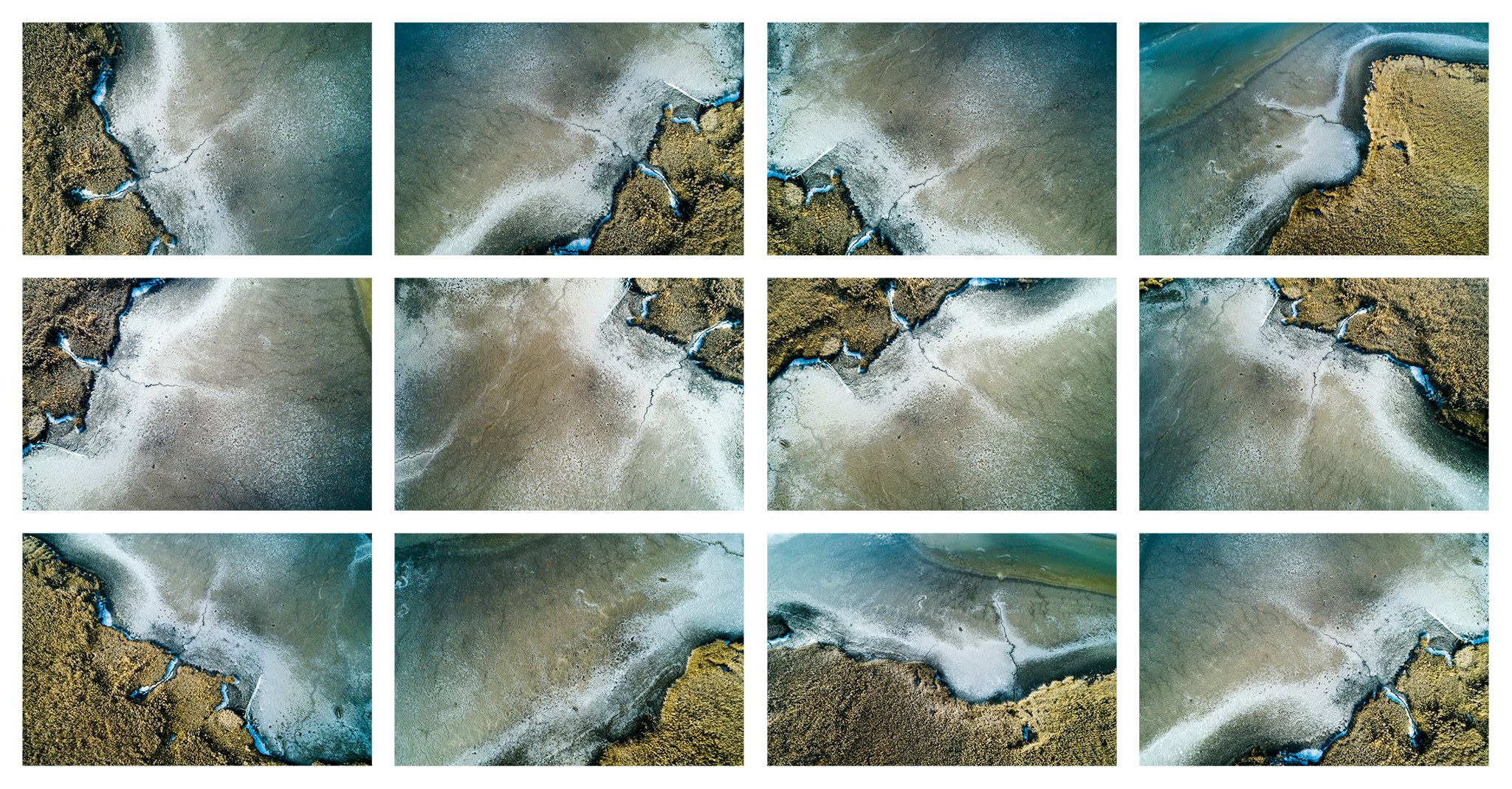 Stefan Kuhn's "Lakeshore Operations / Ground Level Serie #04" Drohnen Fotografie zeigt ein Seeufer mit 12 Motiven in einem Bild.
