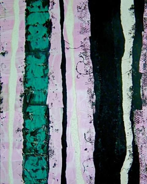 Ronny Cameron abstract painting vertical paper stripes on canvas in pink and green and black